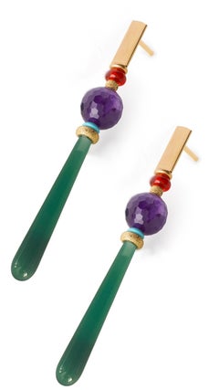 Handcrafted 18 Karat Gold Agate Amethyst Carnelian Turquoise Drops Earrings