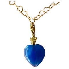 Italian Design Love Charme Blue Agate Heart 18K Gold Feather Handcrafted Pendant