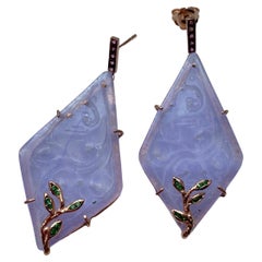 Art Deco Style Rose Quartz Purple Color Tourmaline Gold Dangle Earrings
