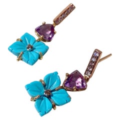 Carved Turquoise Flower 18 Karat Gold 0.12 Karat White Diamond Dangle Earrings