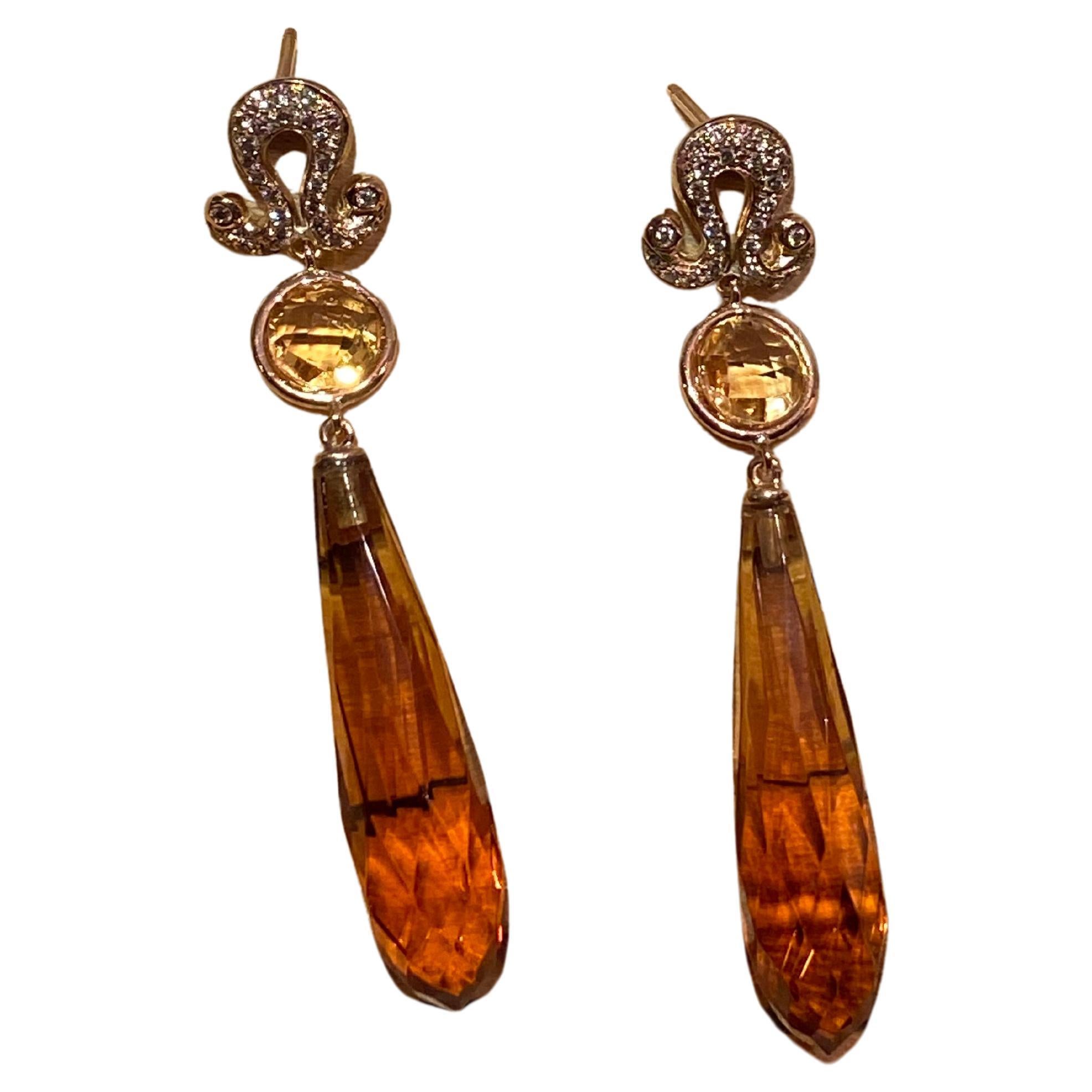 Citrine 0.20 Karat White Diamonds 18K Gold Deco Style Dangle Earrings In New Condition For Sale In Rome, IT
