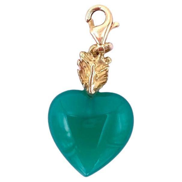 Charm 18 Karats Gold Green Agate Heart Shape Love Feather Handcrafted Pendant