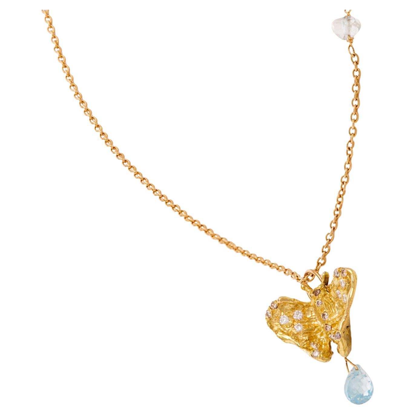 18K Yellow Gold 0.80 Carat White Diamond Aquamarine Butterfly Pendent Necklace For Sale