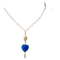 Unisex Love Charme 18 Karats Gold Blue Agate Heart Love Shape Feather Pendant
