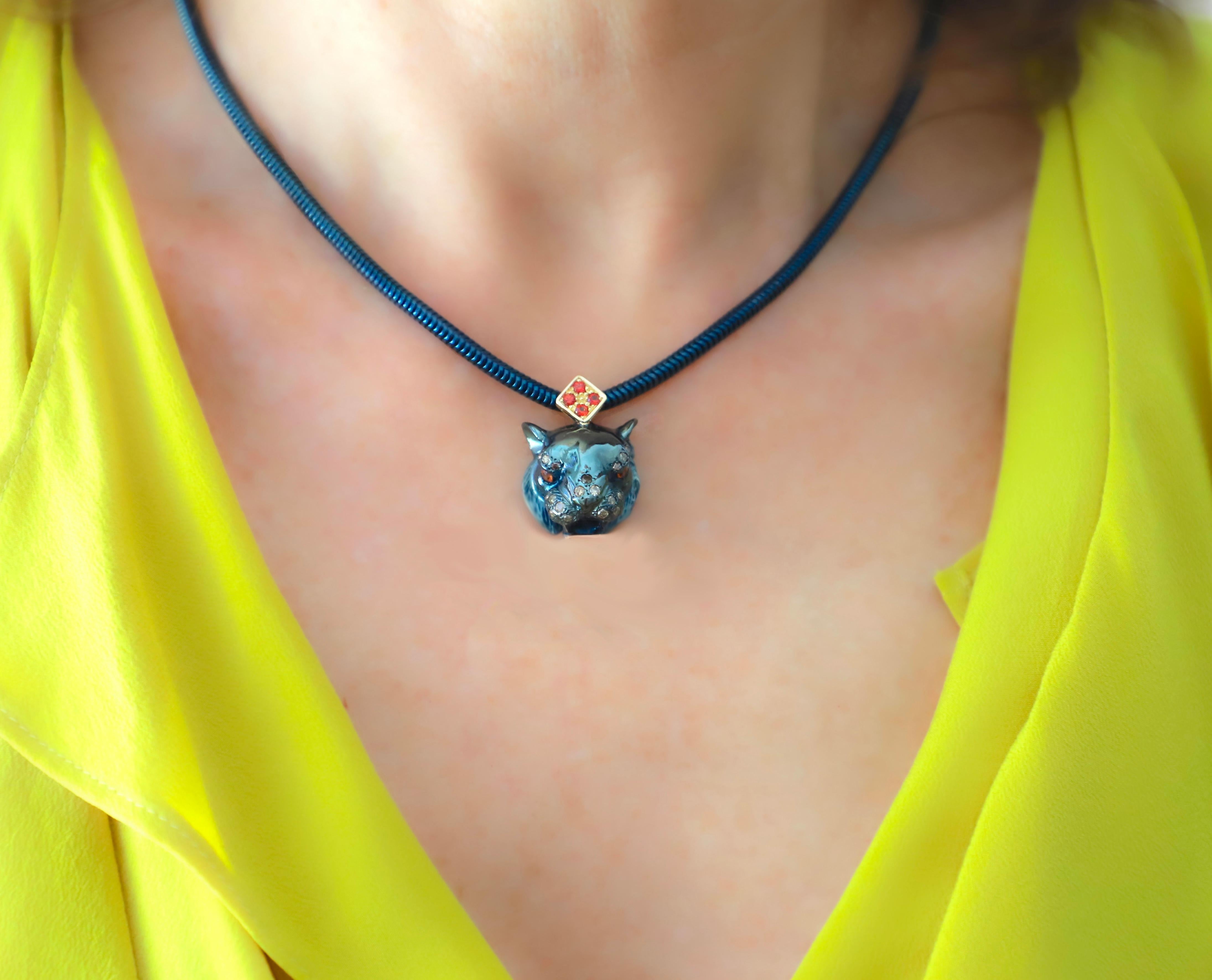 Women's or Men's  Rossella Ugolini Blue Tiger 18 Karat Yellow Gold 0.40 Karats Sapphires Necklace For Sale