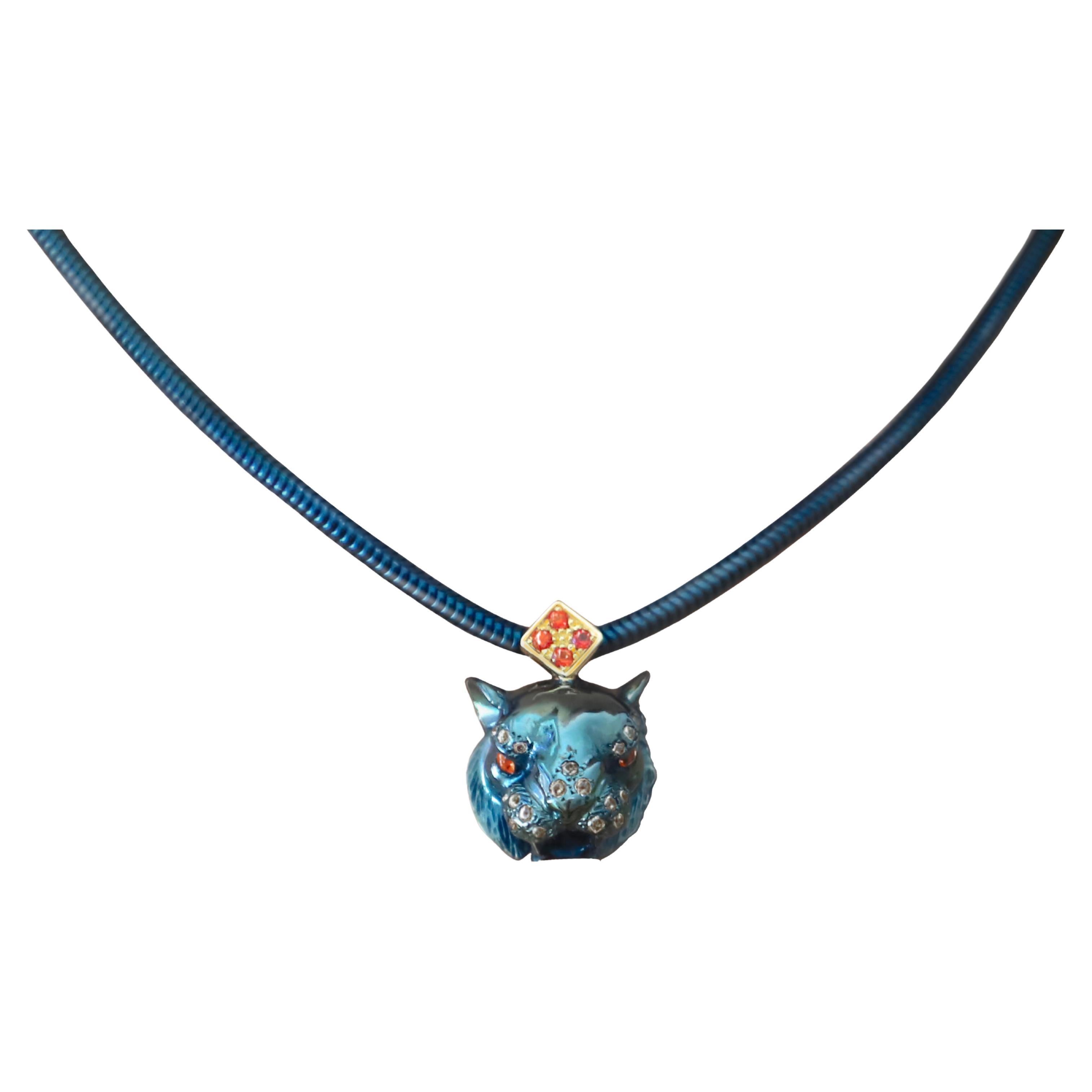  Rossella Ugolini Blue Tiger 18 Karat Yellow Gold 0.40 Karats Sapphires Necklace For Sale