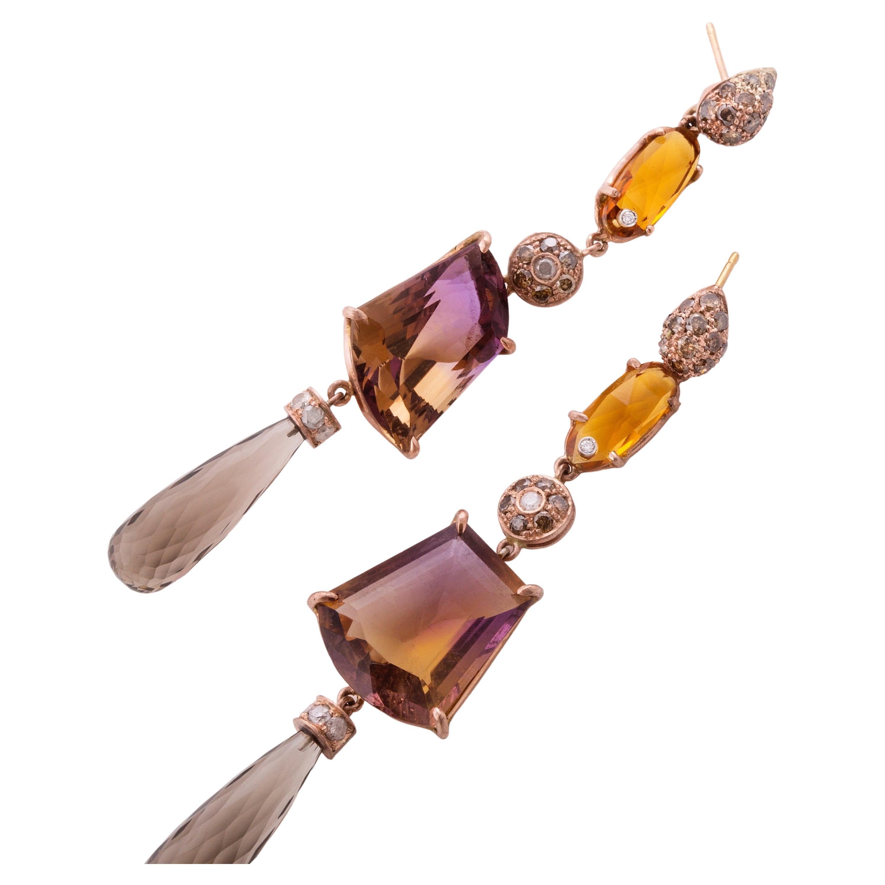 One-of-a-Kind 0.70 Karats Diamonds Ametrine Citrine Brushed Gold Dangle Earrings For Sale 7