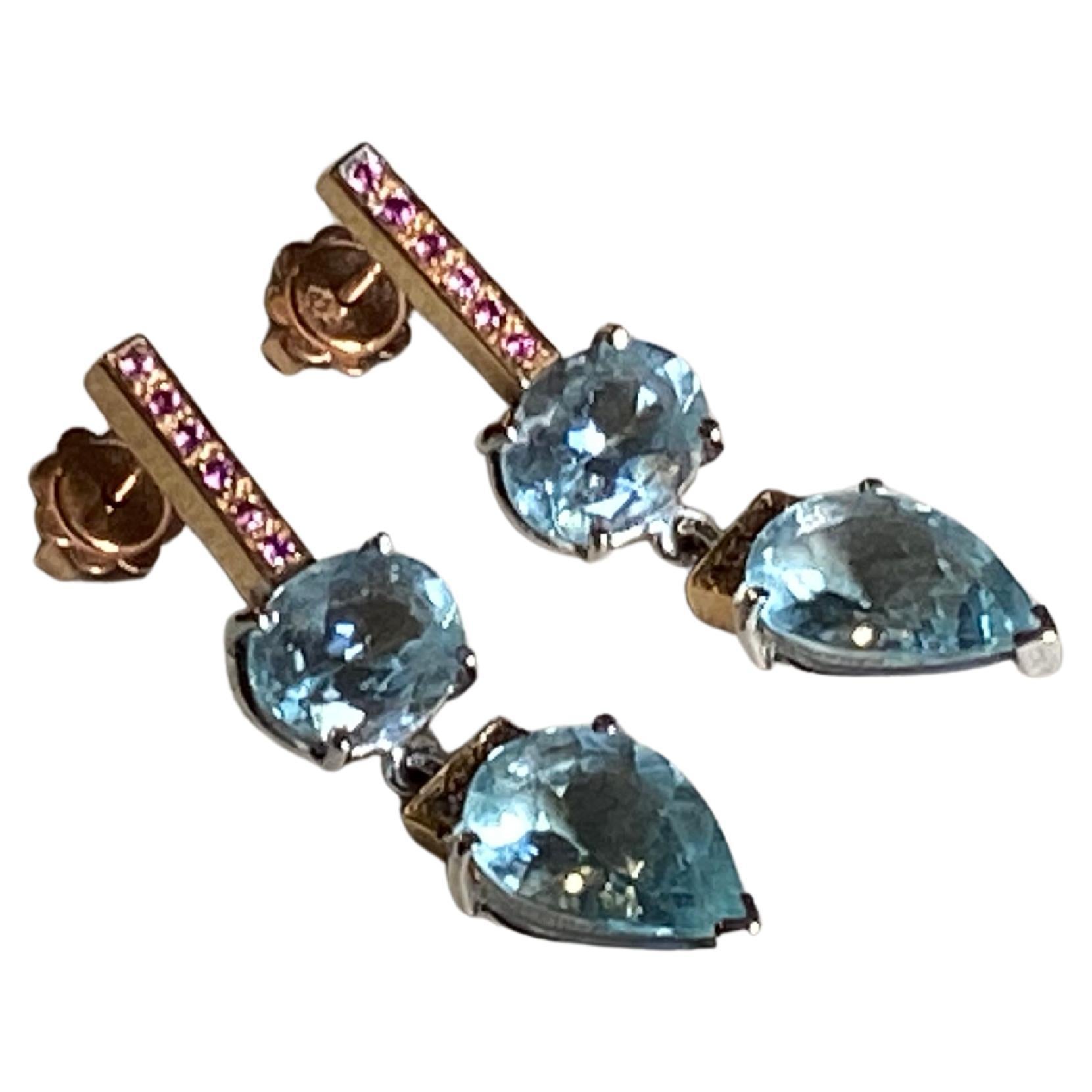 9.70 Karat Aquamarine 0, 06 Karat Diamond 18 Karat Gold Pink Tourmaline Earrings For Sale