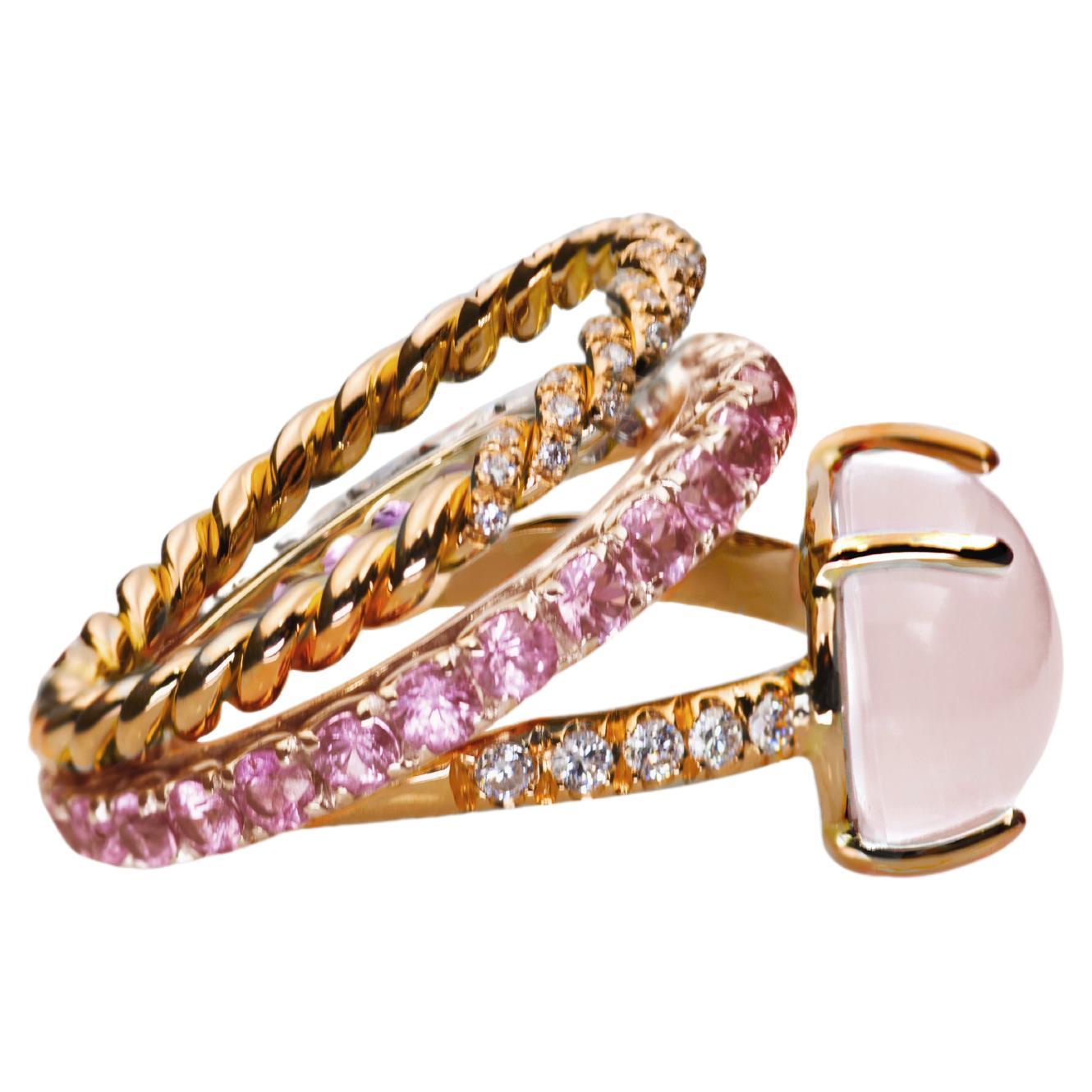 Row Cable 3 Karat Sapphires 0.10 Karat Diamonds 18 Karat Gold Pink Quartz Ring For Sale
