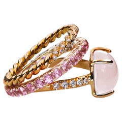 Row Cable 3 Karat Sapphires 0.10 Karat Diamonds 18 Karat Gold Pink Quartz Ring