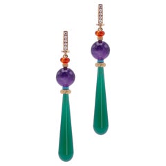 Art Deco Style 18karat Gold 0.12karat Diamond Amethyst Turquoise Dangle Earrings