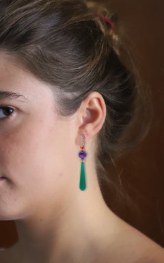 Art Deco Style 18karat Gold 0.12karat Diamond Amethyst Turquoise Dangle Earrings