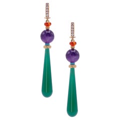 Deco Style 18karat Gold Brilliant Cut Diamond Amethyst Turquoise Dangle Earrings