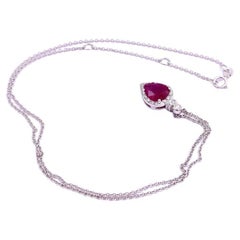 Pear Cut Ruby 0.30 White Diamonds 18 Karat White Gold Chain Modern Necklace