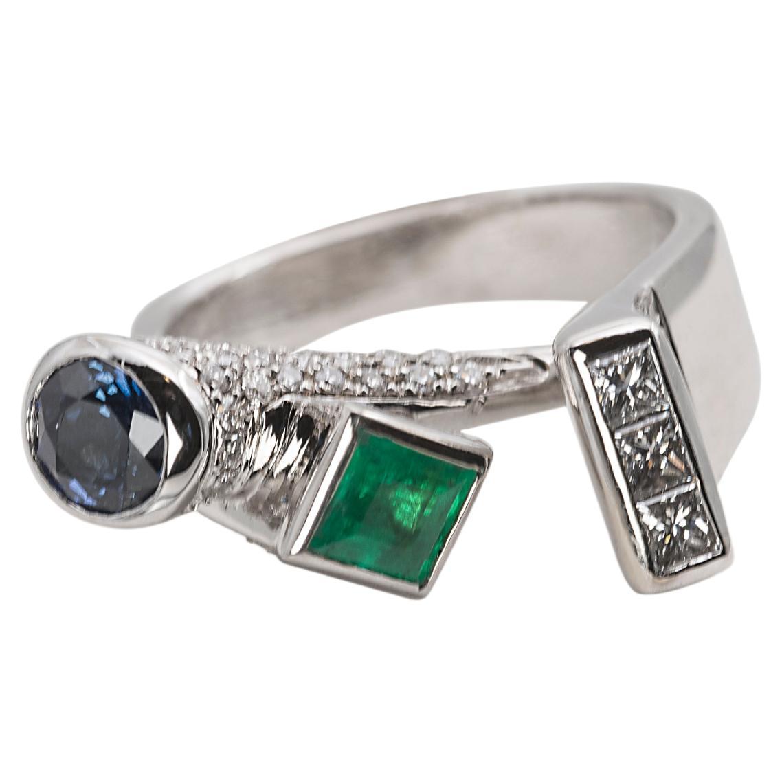 Platinum Brilliant Cut Diamond Sapphire Emerald Contemporary Design Ring For Sale