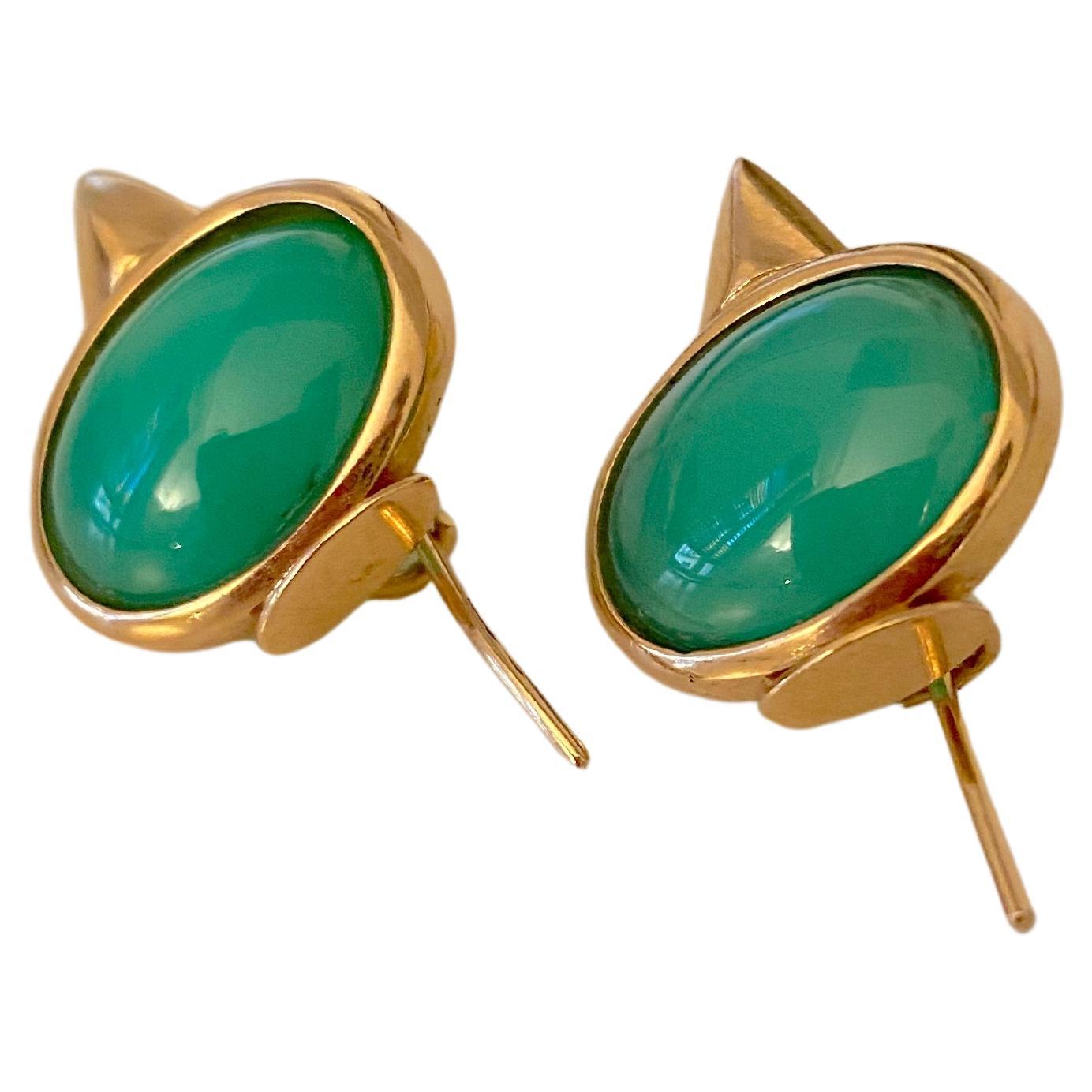 Boucles d'oreilles en or jaune 18 carats chrysophrase avec fermoir à levier et design Modernity en vente 2