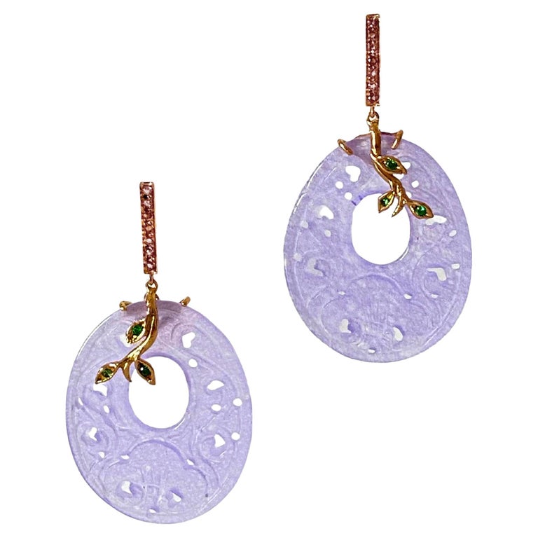 Women's Carved Purple Jade Color 18 Karats Gold Tourmaline Pendant Earrings For Sale