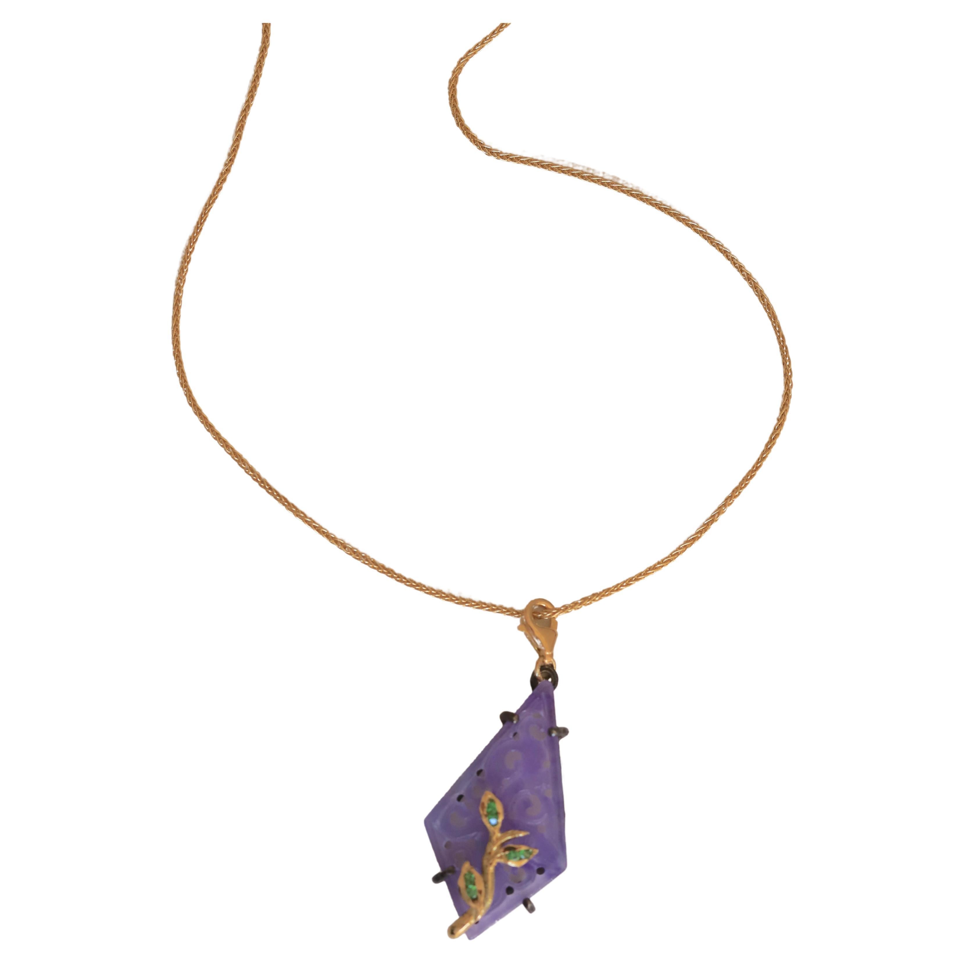 Purple Jade Charm and 18 K Yellow Gold Chain Art Deco Style Pendant Necklace