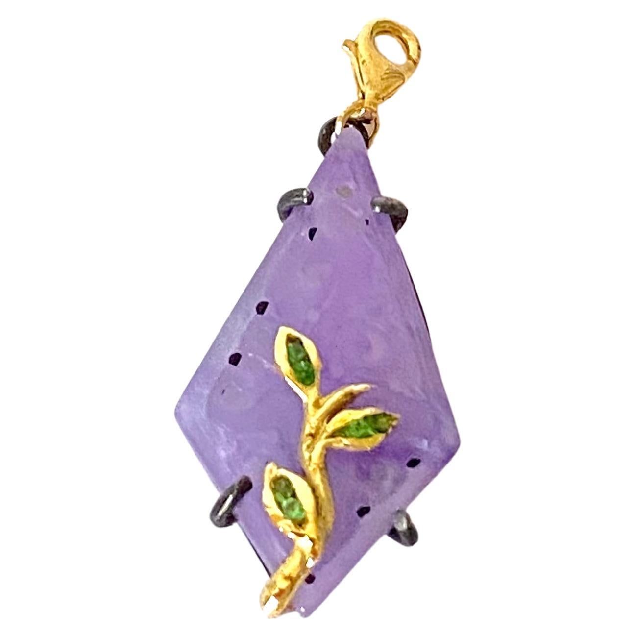 Purple Jade Charm Tsavorite 18K Gold Art Deco Style Pendant Necklace