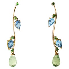 Modern Style 18 Karat Yellow Gold Tourmaline Blue Topaz Drops Design Earrings