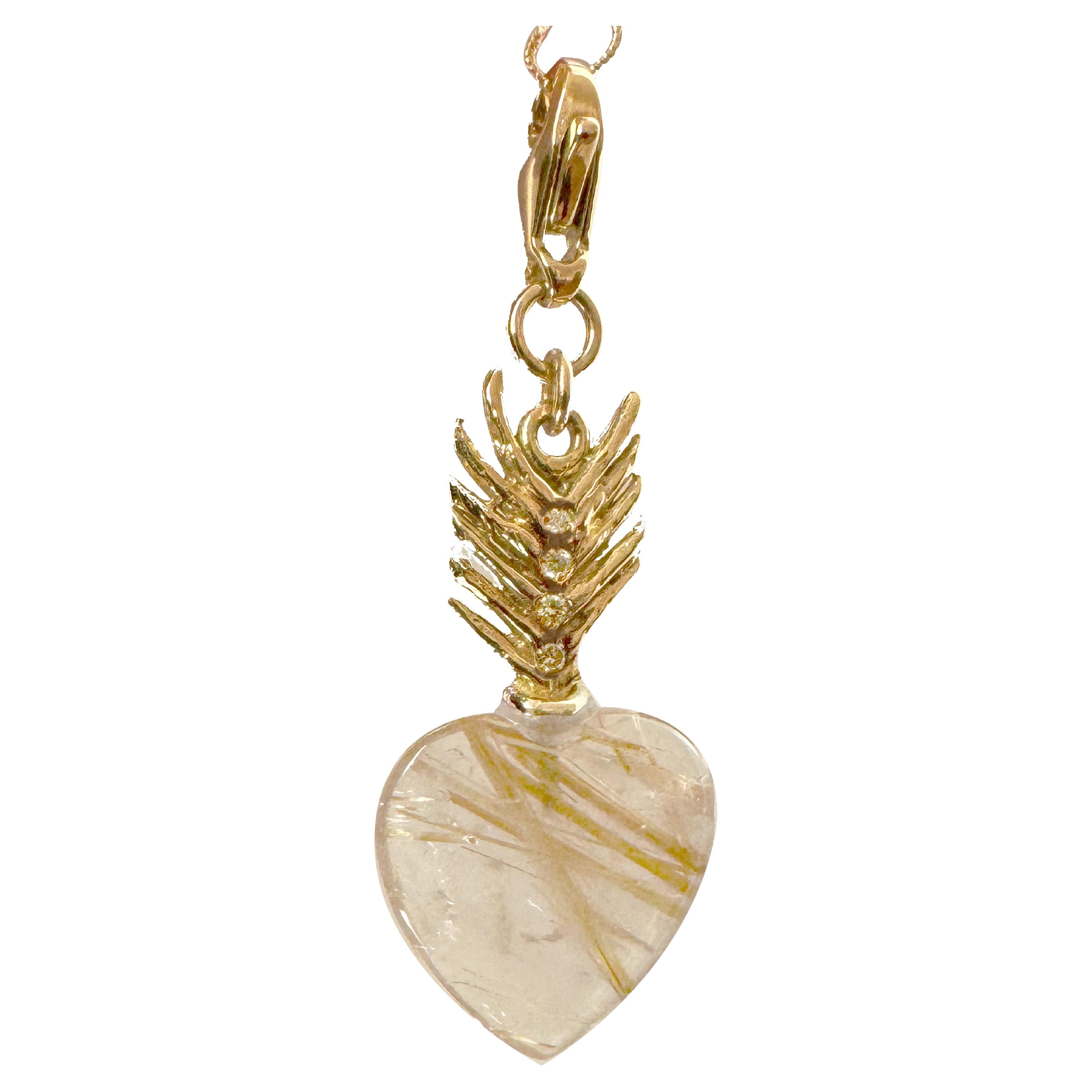 Rossella Ugolini 18K Yellow Gold  Rutilated Quartz White Diamonds Heart Charm