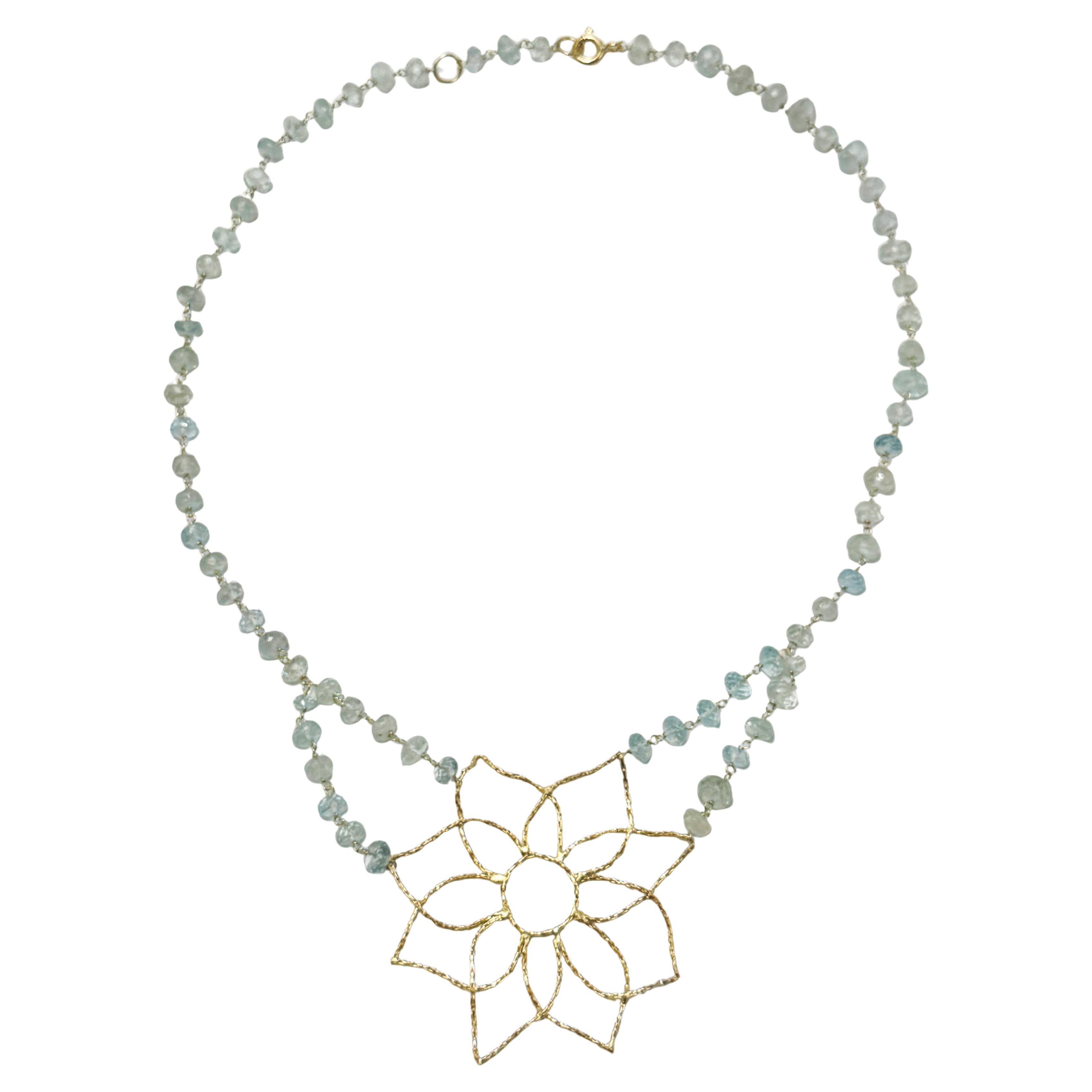 Rossella Ugolini 18k Yellow Gold Flower Aquamarine Handcrafted Necklaces For Sale