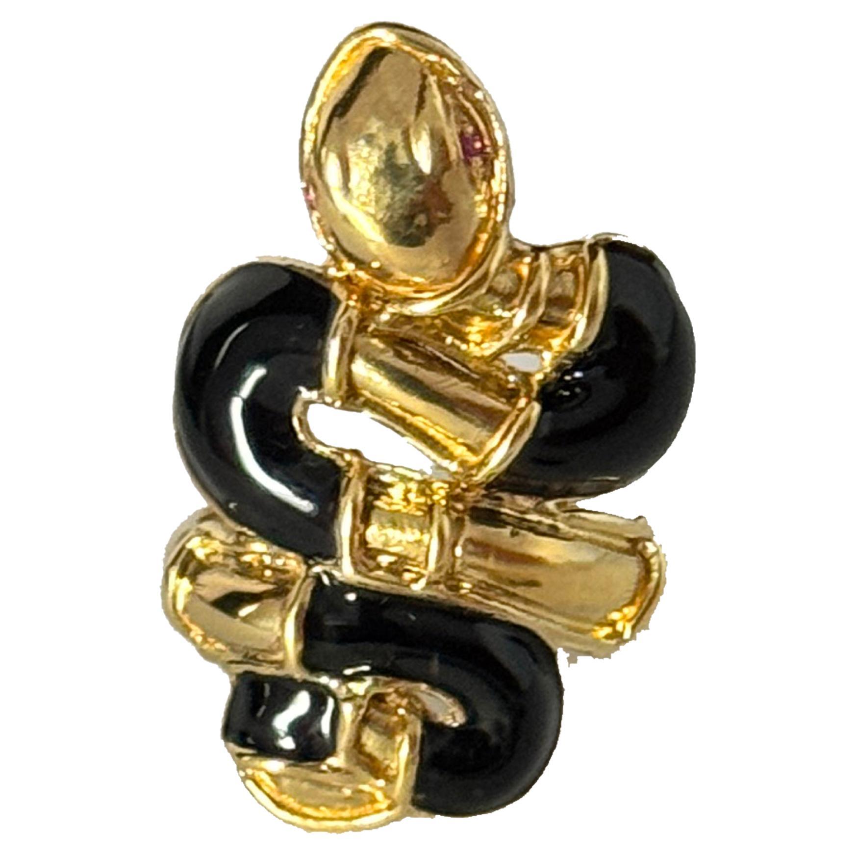 Rossella Ugolini Bague serpent en plaqué or jaune 24k avec œil de rubis et émail noir