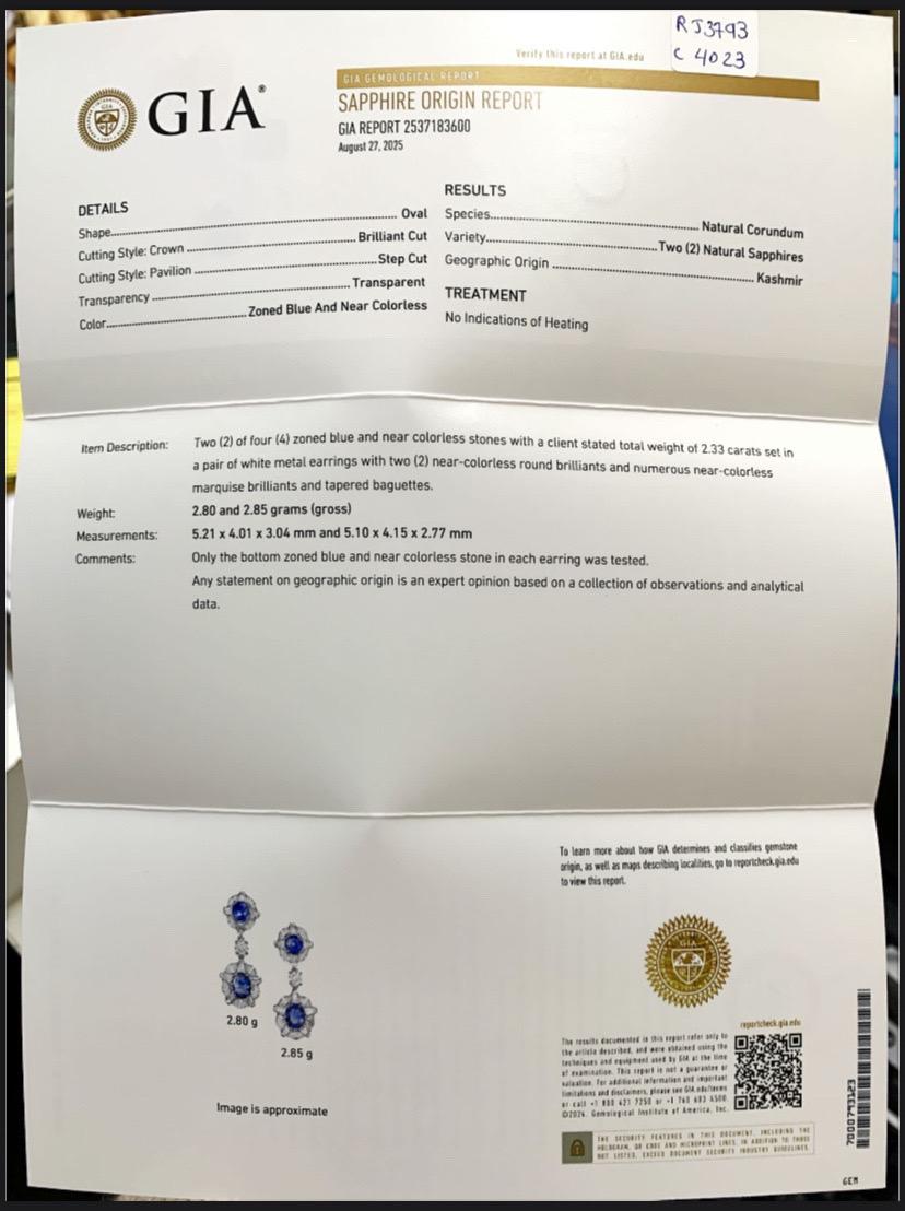 Boucles d'oreilles en or blanc 18 carats saphir bleu du Cachemire et diamant de 2.33 carats Pour femmes en vente