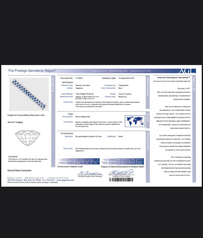 Bracelet certifié AGL de 43.80 carats de saphir bleu de Birmanie et de diamant en 18k WG Neuf - En vente à Bangkok, TH