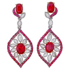 GRS Pigeon Blood 3.42 Carat Burmese No Heat Ruby and Diamond Earrings 18K Gold