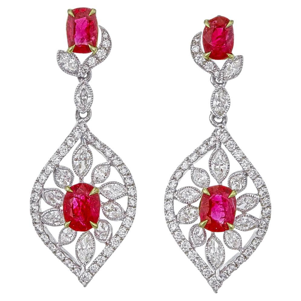 Orecchini di diamanti e rubini di sangue di piccione birmano certificati GRS da 3.22 carati senza calore