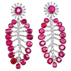 18.93 Carat Burmese No-Heat Ruby & Diamond Leaf Drop Earrings in 18K White Gold