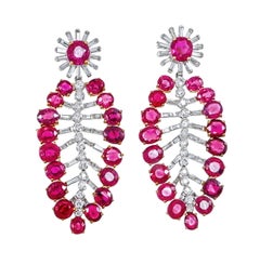 18.93 Carat Burmese No-Heat Ruby & Diamond Leaf Drop Earrings in 18K White Gold