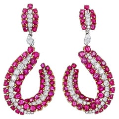 24.03 Carat Burmese No-Heat Ruby and Diamond Swirl Drop Earrings in 18K Gold