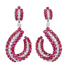 24.03 Carat Burmese No-Heat Ruby and Diamond Swirl Drop Earrings in 18K Gold