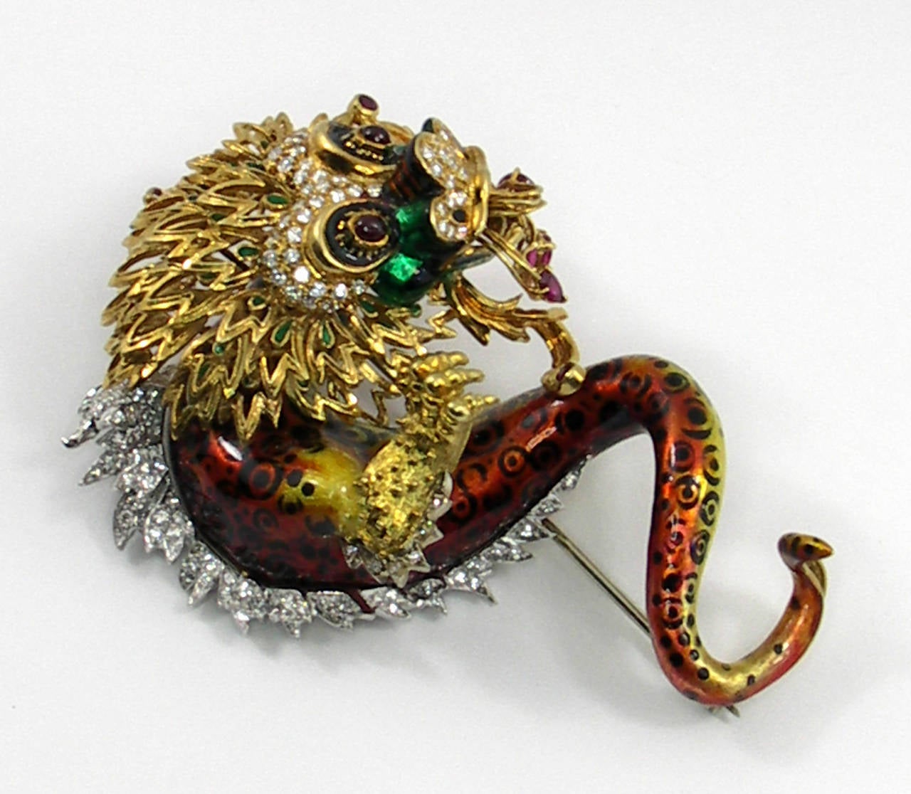 Whimsical Enamel Ruby Diamond Chimera Brooch In Excellent Condition In Palm Beach, FL