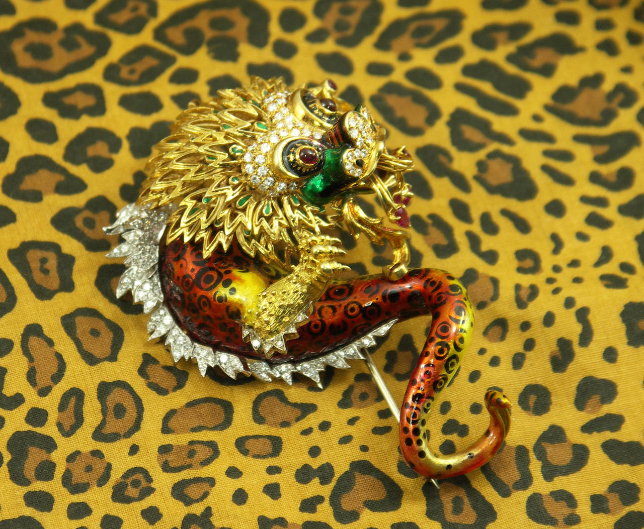 Whimsical Enamel Ruby Diamond Chimera Brooch 1