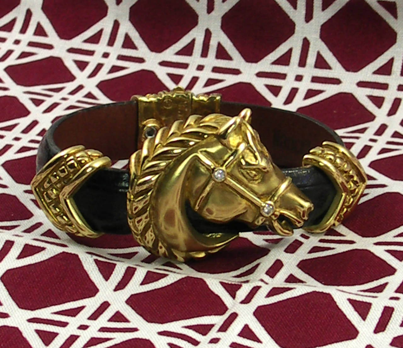 Nancy and David Horse Leather Diamond Gold Themed Bracelet In Excellent Condition In Palm Beach, FL