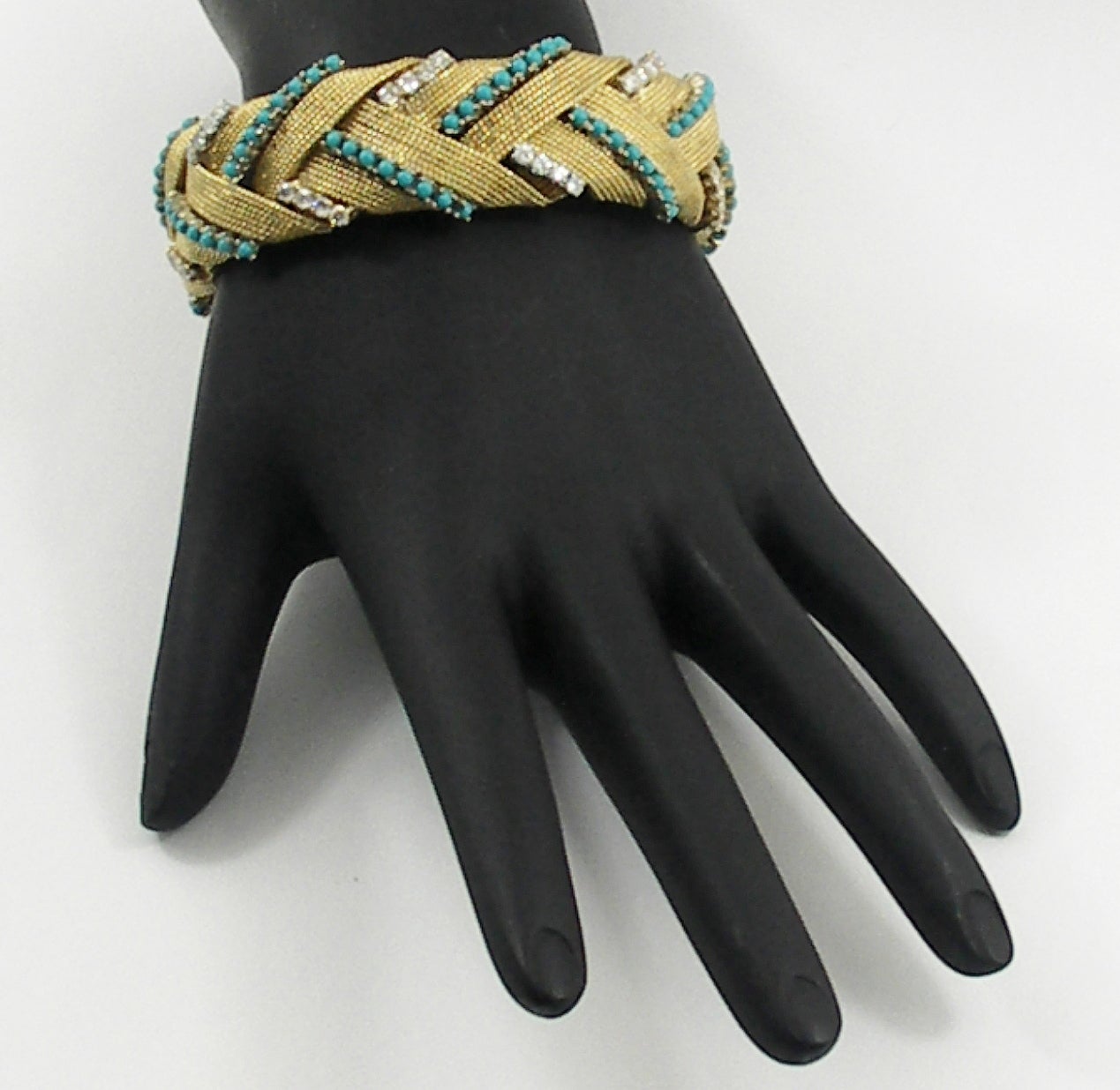 Women's Turquoise Diamond Gold Braided Design Bracelet