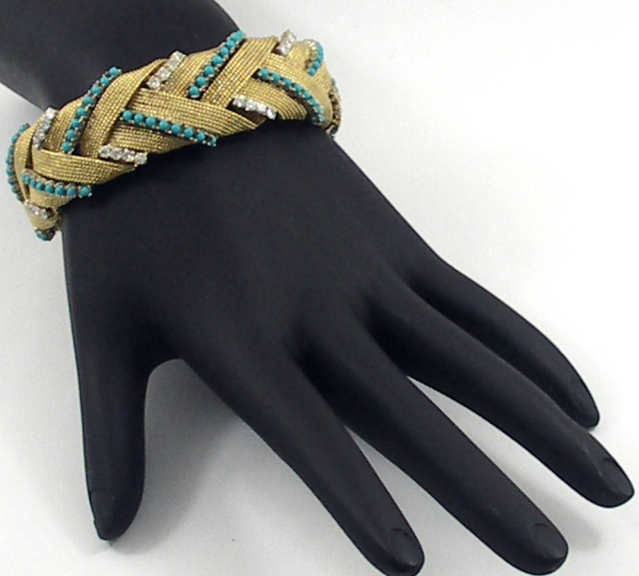 Turquoise Diamond Gold Braided Design Bracelet In Excellent Condition In Palm Beach, FL