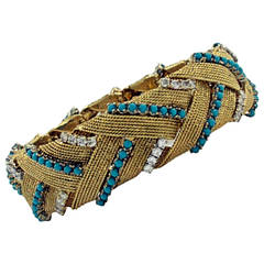 Turquoise Diamond Gold Braided Design Bracelet