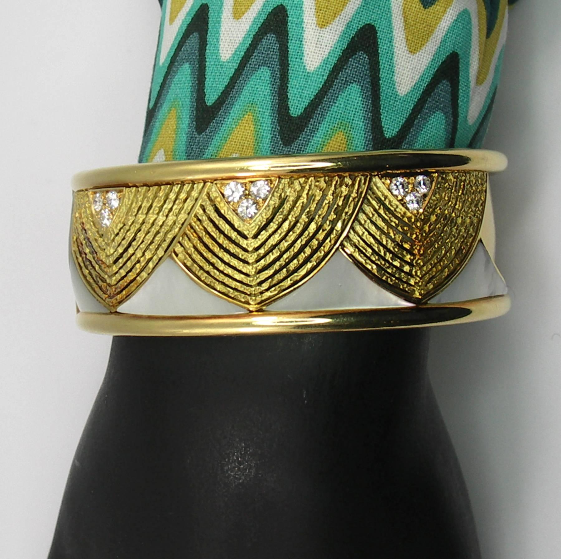 Mother of Pearl Diamonds Gold Cuff Bracelet In Excellent Condition In Palm Beach, FL