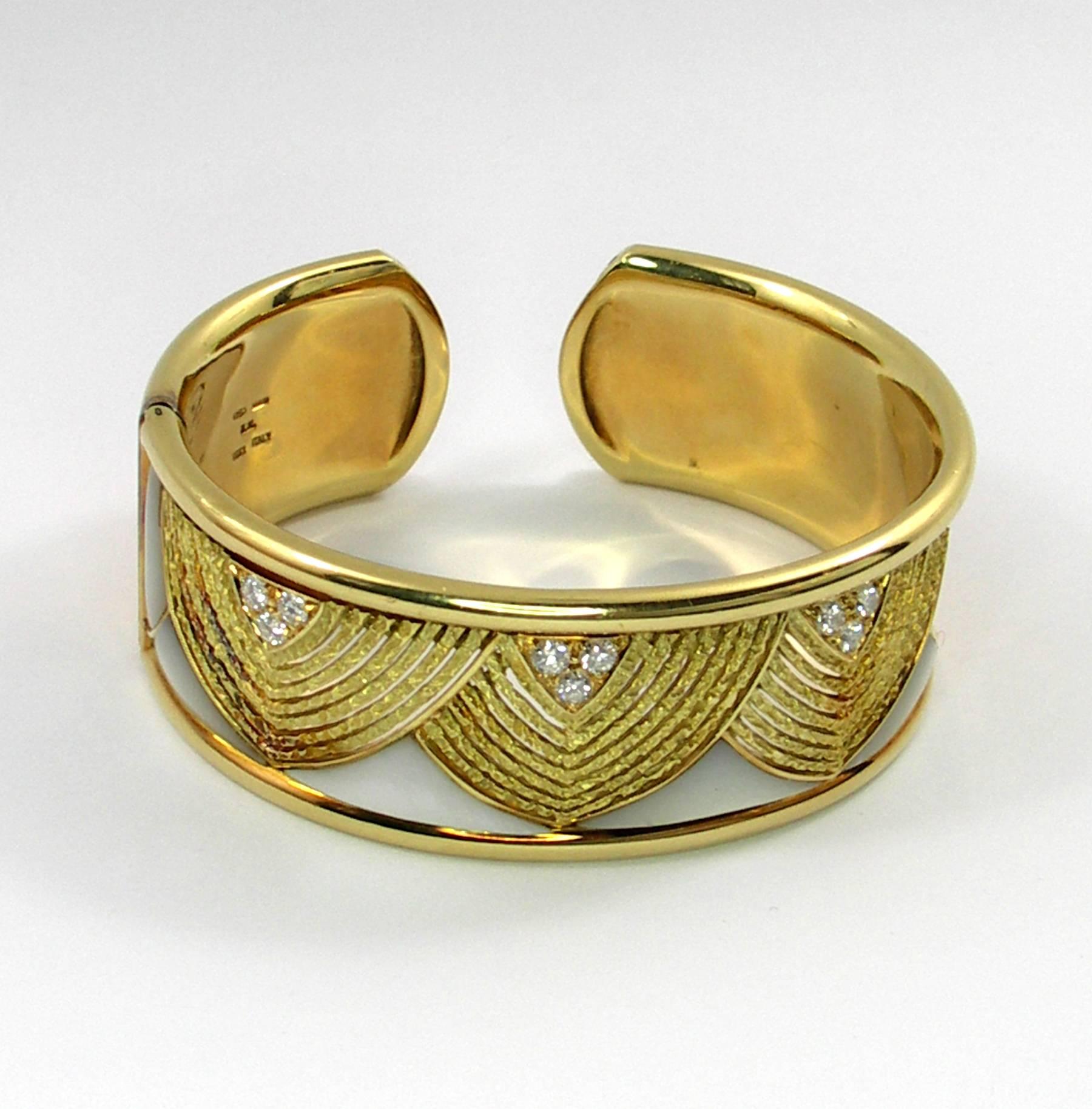 Brilliant Cut Mother of Pearl Diamonds Gold Cuff Bracelet