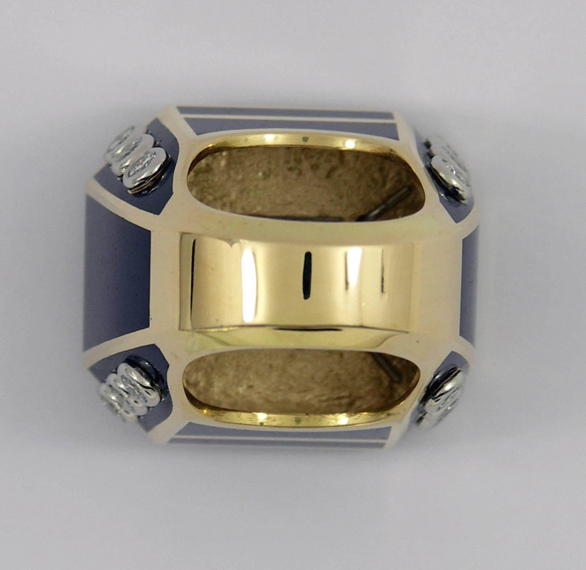 Large-Scale Blue Enamel Diamond Gold Platinum Ring 2