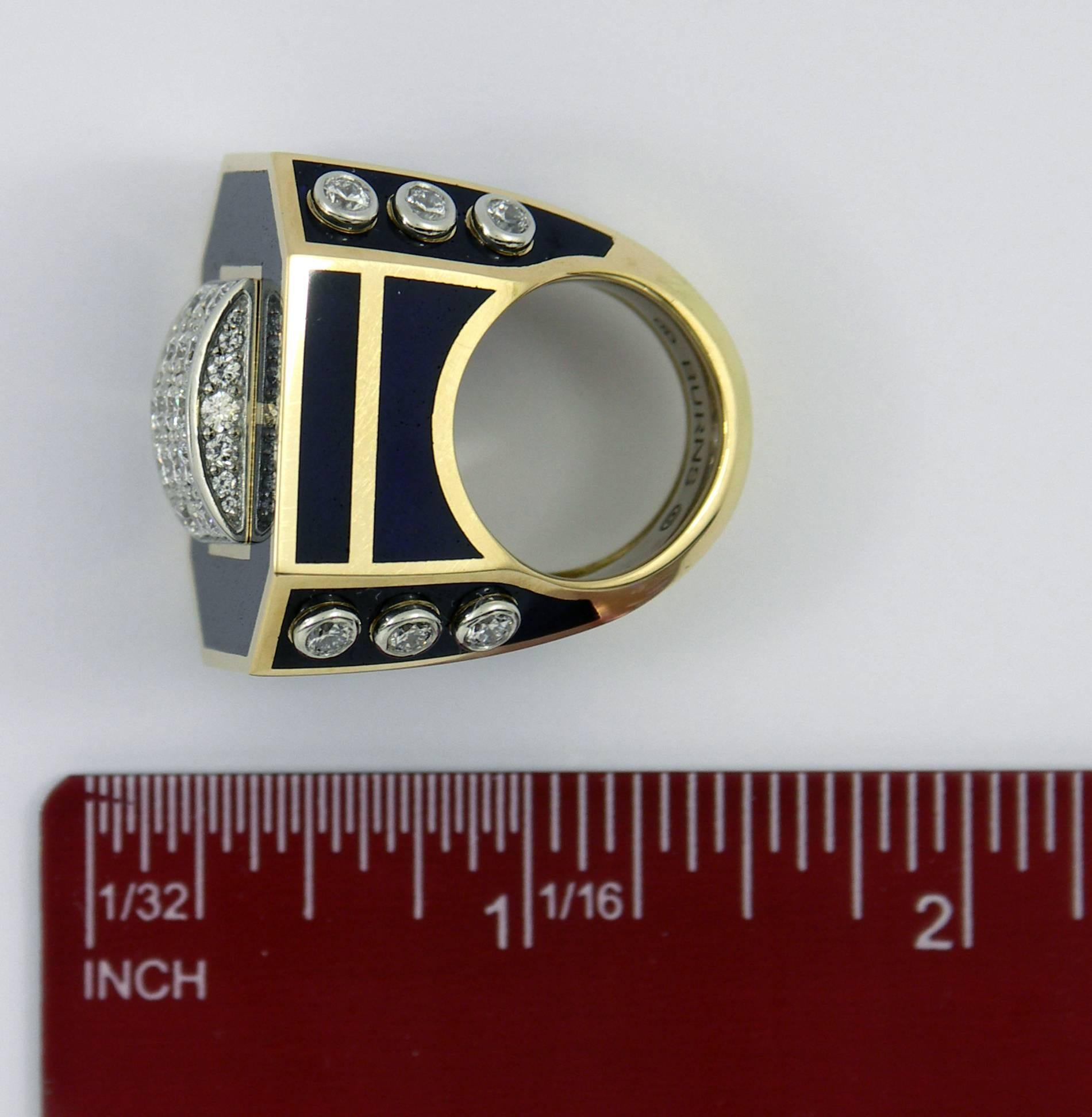 Large-Scale Blue Enamel Diamond Gold Platinum Ring 4