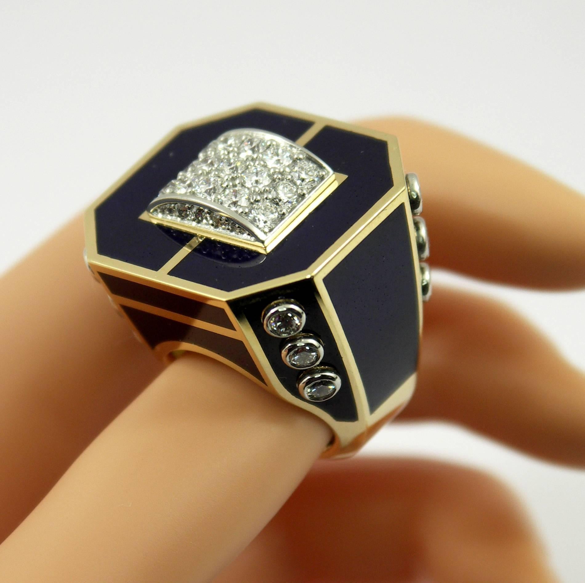 Large-Scale Blue Enamel Diamond Gold Platinum Ring In Excellent Condition In Palm Beach, FL