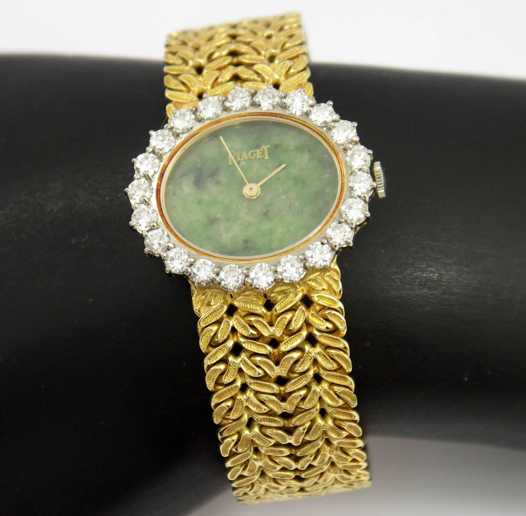 Women's or Men's Piaget Lady's Yellow Gold Diamond Bezel Oval Jade Dial Wristwatch
