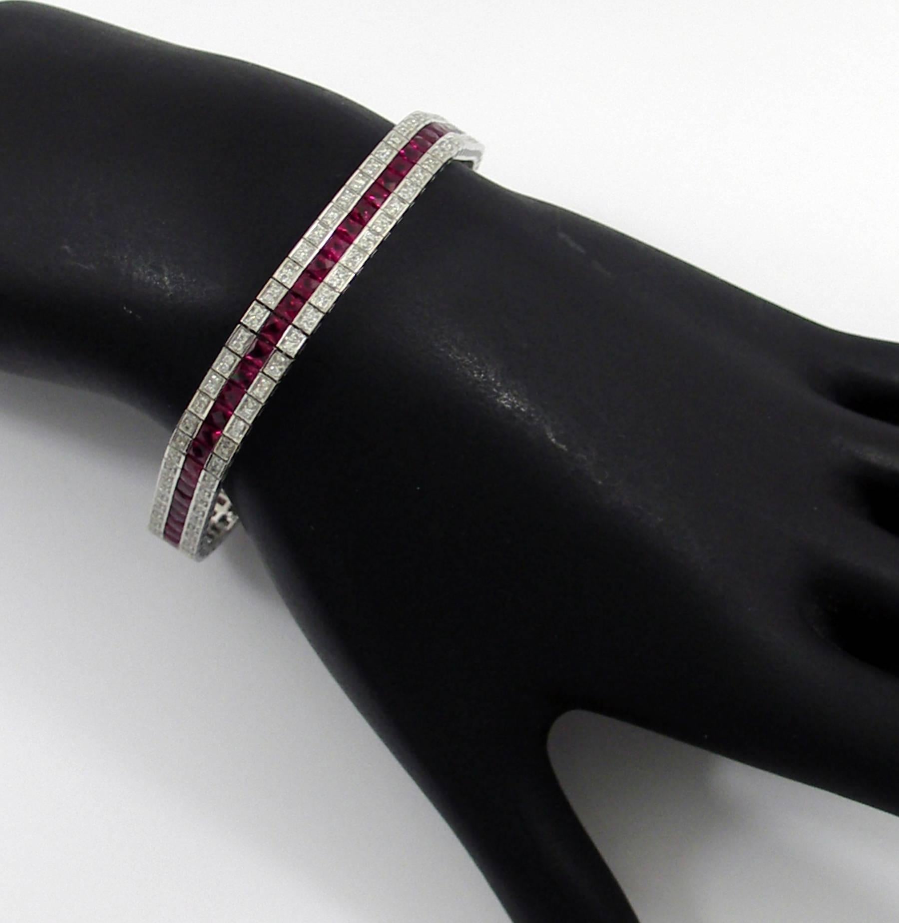 Ruby Diamond Gold Line Bracelet In Excellent Condition In Palm Beach, FL