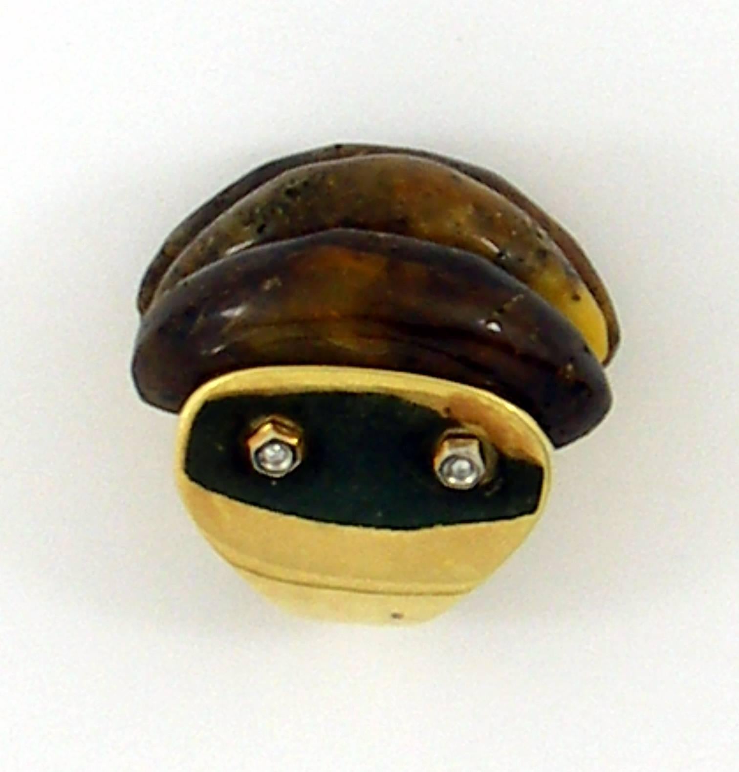 Women's or Men's 1970s Amber Diamond Gold Ring