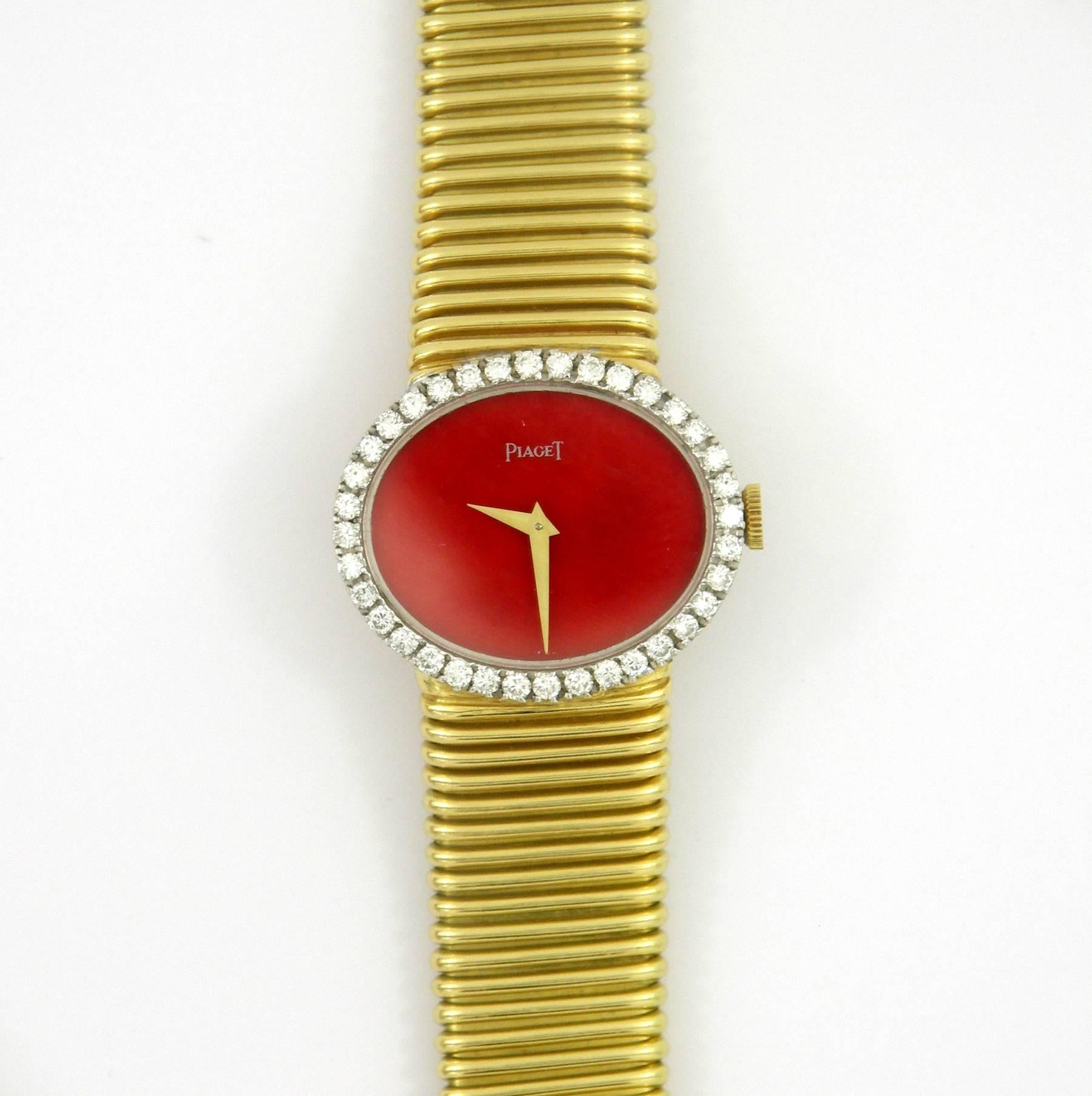 Piaget Ladies Yellow Gold Diamond Coral Dial Tubogas Bracelet Wristwatch In Excellent Condition In Palm Beach, FL